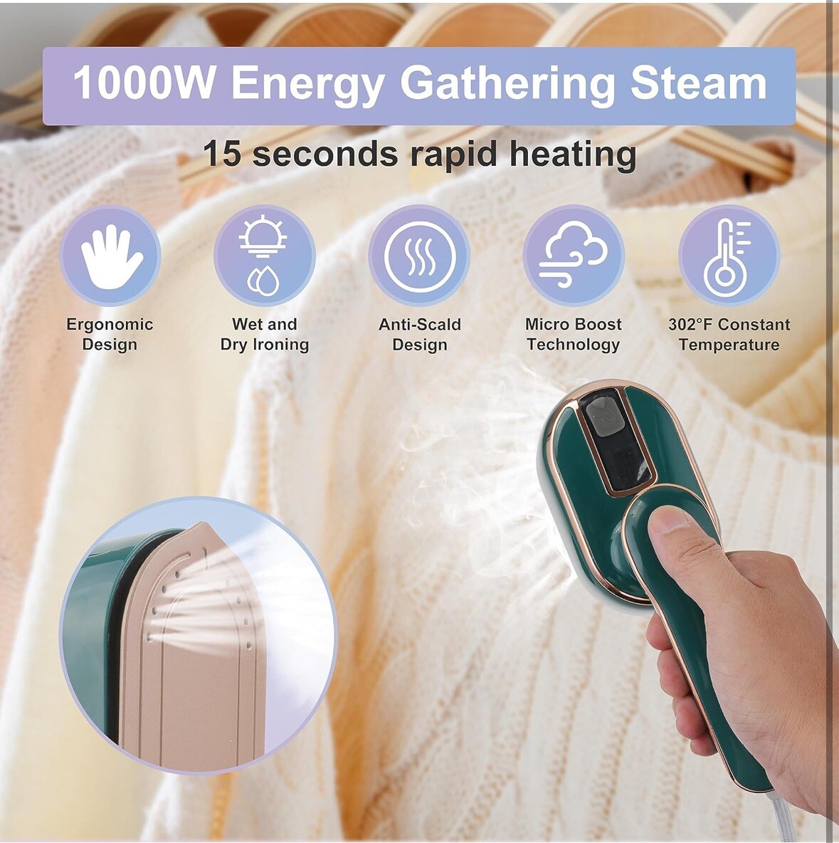 Mini Steam Iron, 1000W Foldable Handheld Travel Steamer Iron 15s Fast Heat Up