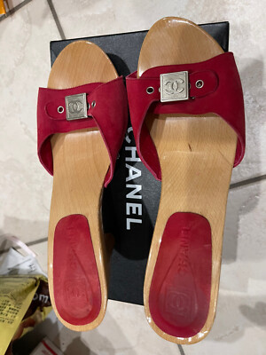 CHANEL LOGO RED SUEDE CLOGS SHOES 39