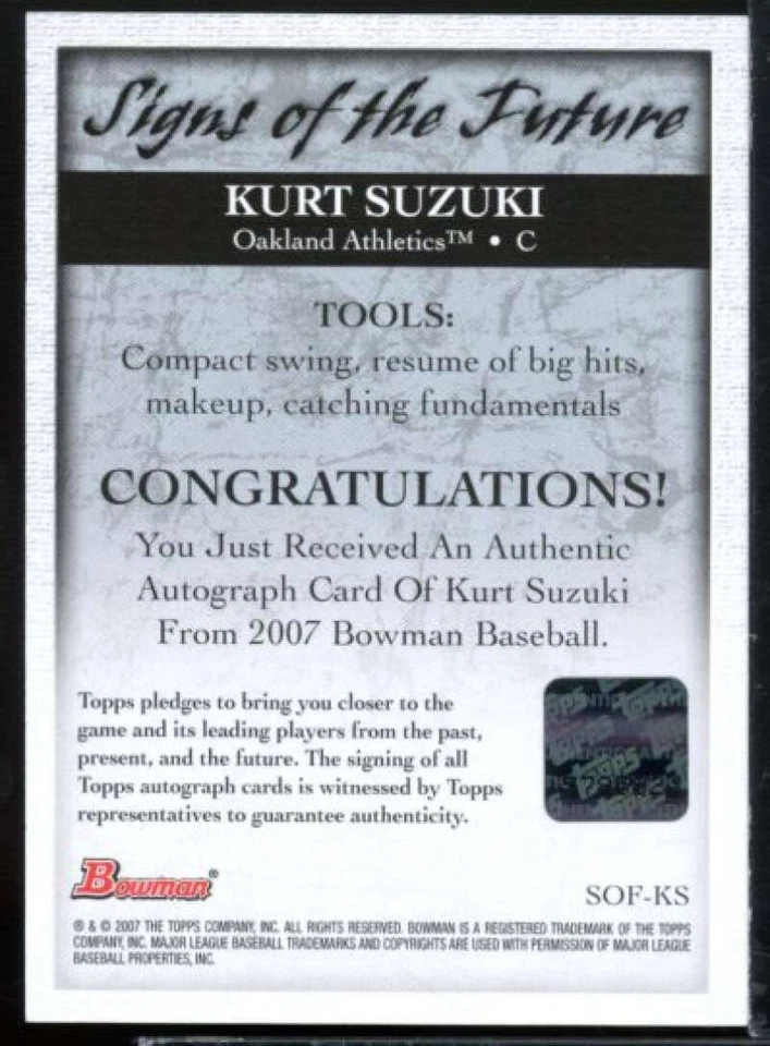 Kurt Suzuki Rookie Card 2007 Bowman Signs of the Future #KS  - Image 2 of 2