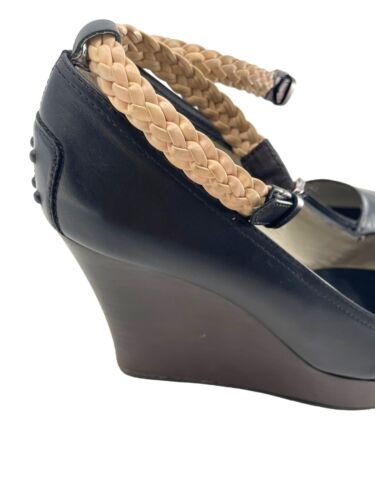 TOD'S Womens size US 7 Black Leather Platform Wedge Shoes Strap EU 37 Dust Bag - Picture 8 of 16