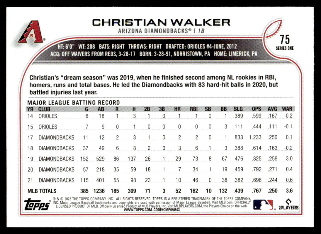 2022 Topps Christian Walker 75 Arizona Diamondbacks eBay