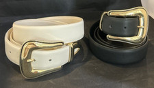 Womens Fashion Belts Set of 2 Black, Ivory with Gold Buckle Sz L/2XL New