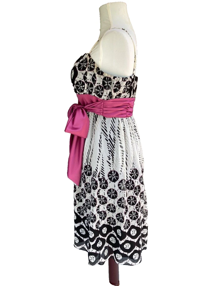 Max and Cleo Black & White Geometric Print Midi Summer Dress Pink Bow Sz 10 - Image 2 of 4