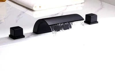 Roman Tub Facet 3 Hole Waterfall Sink Curved Two Handle Deck Mount Matte Black