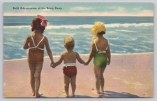Vintage Linen Postcard Bold Adventurers of the Briny Deep Beach Scene