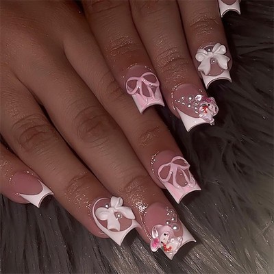 Cute Bow Press on Nails Short Square, White French Tip Fake Nails with Cute B...