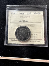 2008 Caribou, ICCS Graded Canadian ¢25 Cent**MS-66** Cert# XVC 485