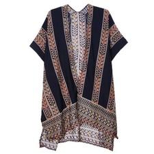 Navy Flower Print Kimono Open Front Wide Sleeves One Size Beach Cover Up Cruise