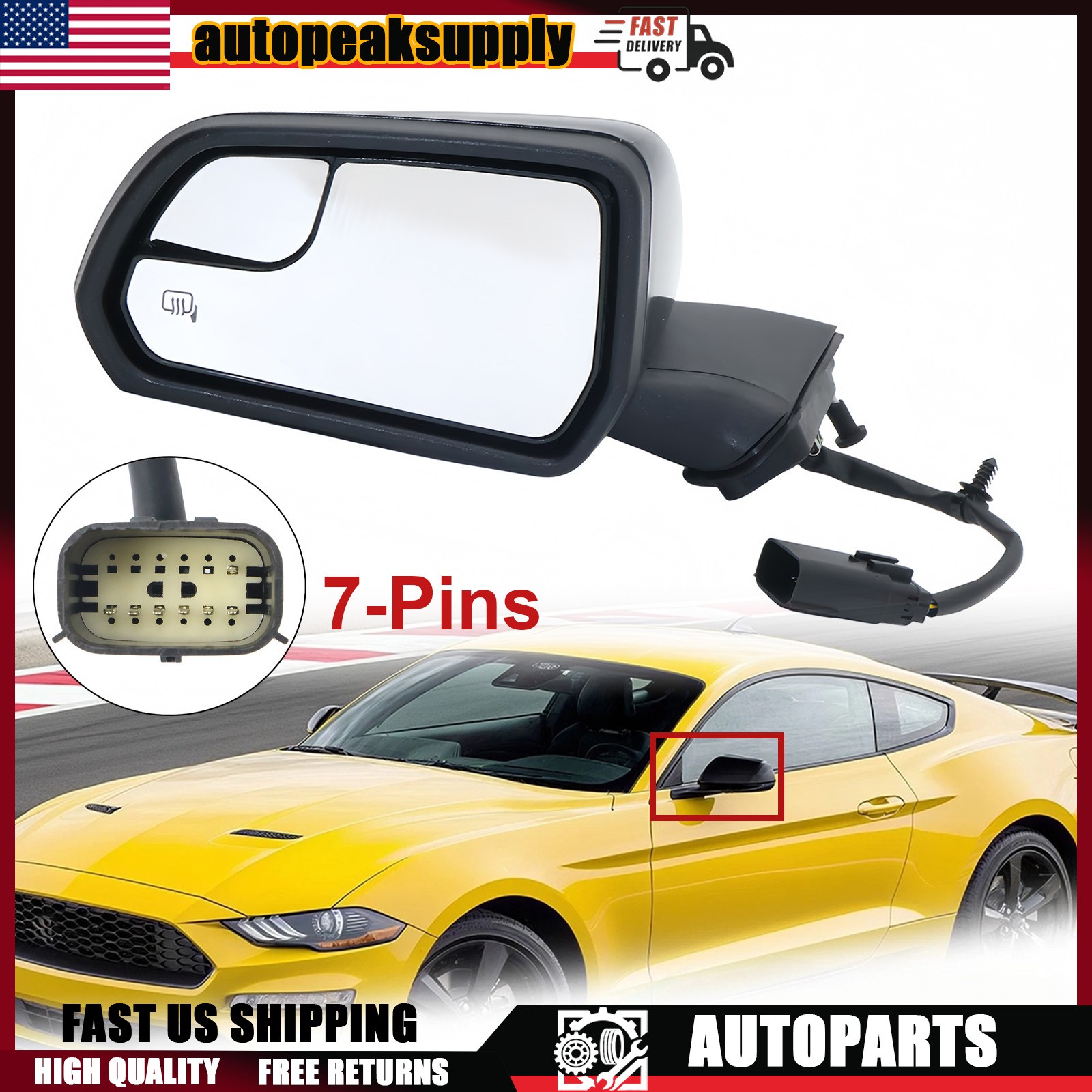 7Pin Mirrors Driver Side w/Manual Fold Heat Puddle Lamp for Ford Mustang 2015-23