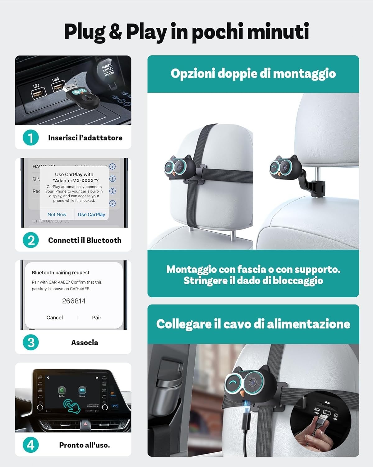 OTTOCAST Cabin Care 2 in 1 Telecamera Auto Baby Wireless CarPlay Schermo Diviso - Miniatura 7