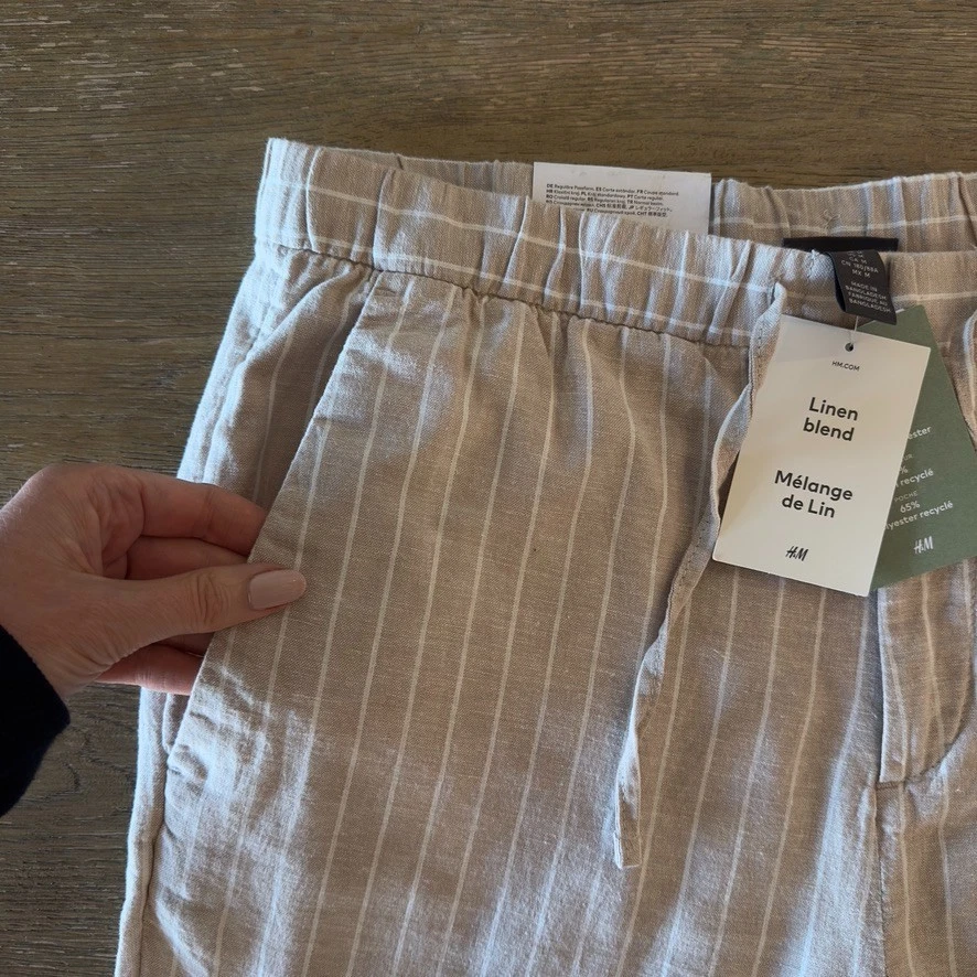 NUEVO H&M Pantalón Edición Limitada Rayas Lino Mezcla Algodón-Cintura Elástica-Beige-Talla M