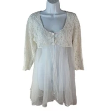 Val Mode Peignoir Robe White Medium Button Wedding Bridal Sheer Chiffon Lace VTG