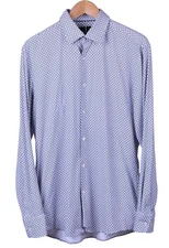 Hugo BOSS Performance White Navy Blue Geometric Print Poly Stretch Shirt 16 / L