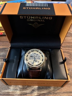 Stührling Automatic Rose Gold Stainless Steel Watch Silver Dial Leather Strap