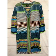 Hale Bob Womens Beaded Neckline Mixed Print Tunic Dress Blue Green Small Boho