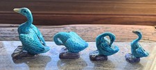 Antique Turquoise Blue Porcelain Chinese Duck Set Of 4  Statue Rare Figurines