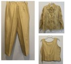 3 Piece Silk Outfit Pants Sheer Blouse Tank Top Yellow Gold Embroidery Pineapple