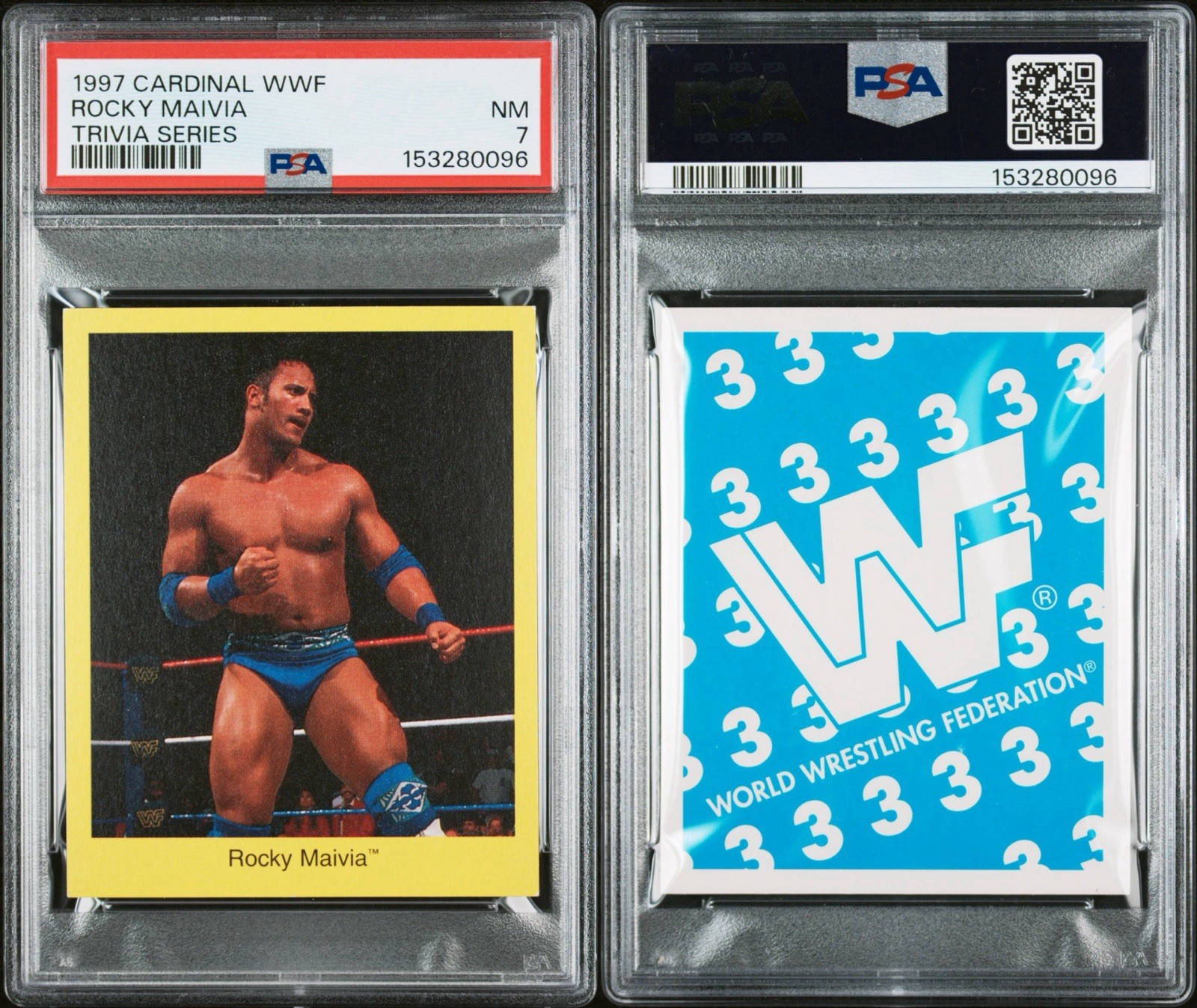 1997 Cardinal WWF ROCKY MAIVIA THE ROCK DWAYNE JOHNSON RC Rookie PSA 7 NM Trivia view 3