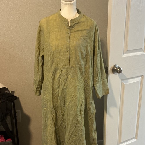 Fabindia XL Slim Fit Green Cotton Kurta Long Sleeve Button Neck Men