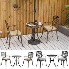 3 Piece Cast Aluminium Garden Bistro Set with Parasol Hole & Cushions