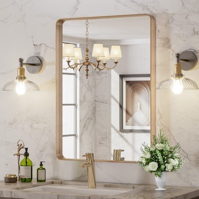 22 X30  Gold Bathroom Mirror, Rounded Rectangle Gold Frame Mirror, Brushed Go...
