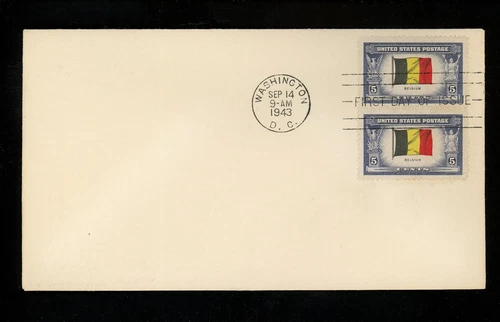 US FDC #914 None NIM 1943 Washington DC Belgium WWII Overrun Nations Flags