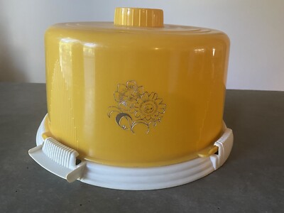 Vintage Yellow White Flower Locklift Plastic Cake Cover Carrier Server Retro
