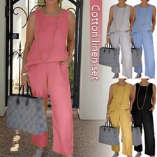 Women Summer Cotton Linen Vest Wide-leg Loose Pants Set Casual Tracksuit Outfits
