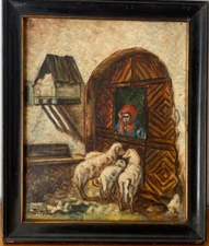 Oil Painting Monogr. B.Bez.karl Robert Berger 1932 Genre Scene Sheep Vor Stable