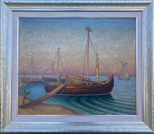 Ölbild Hermann Mommertz Kurenkähne am Ufer Nidden Ostpreußen Kurische Nehrung