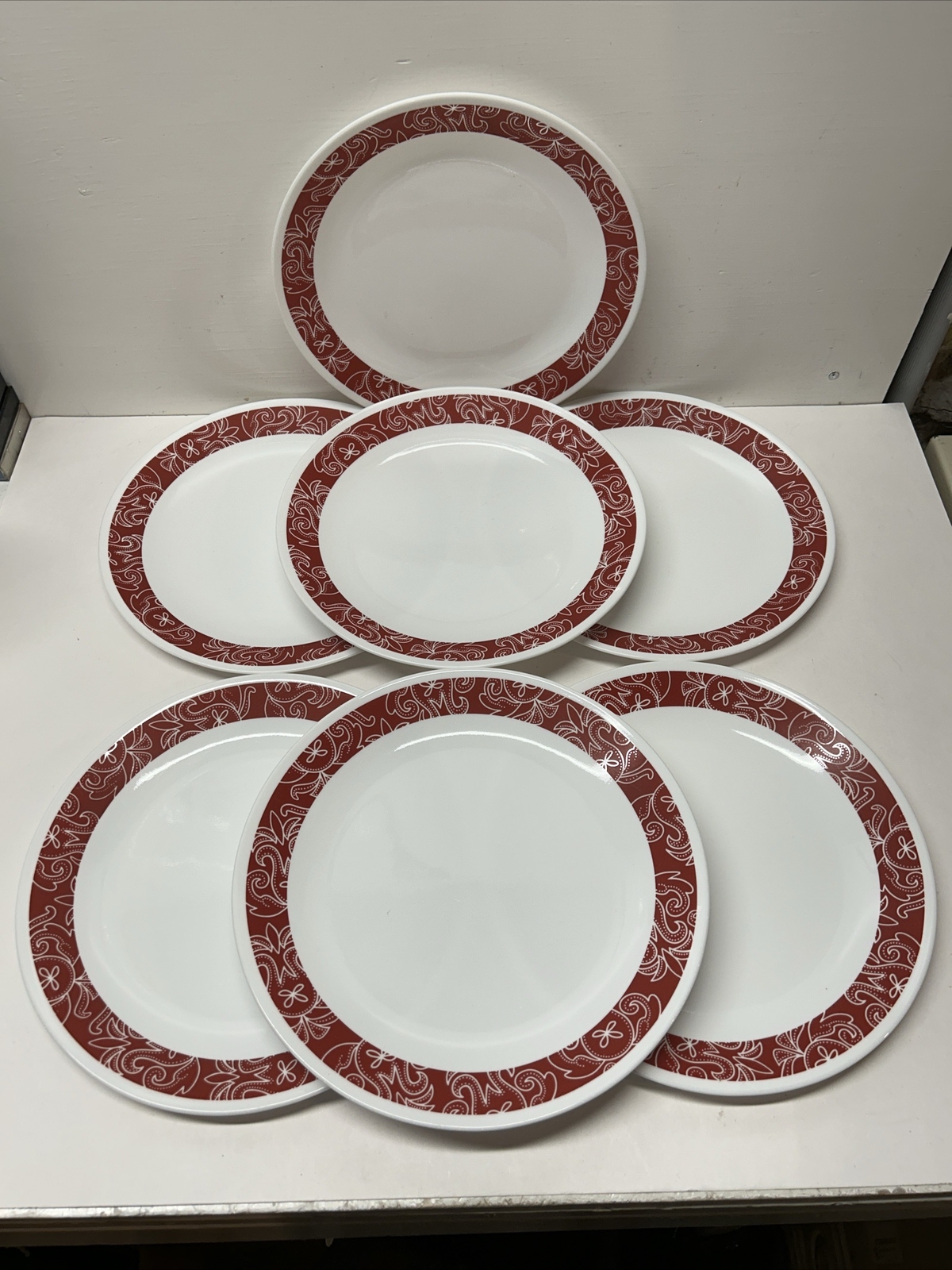 SET OF 7 Corelle BANDHANI 10.25" Dinner Plates. Red and White eBay