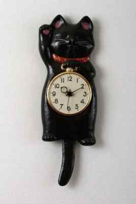Japanese Black Lucky Cat Manekineko Wall Pendulum Clock Pottery SETO Ware Gift