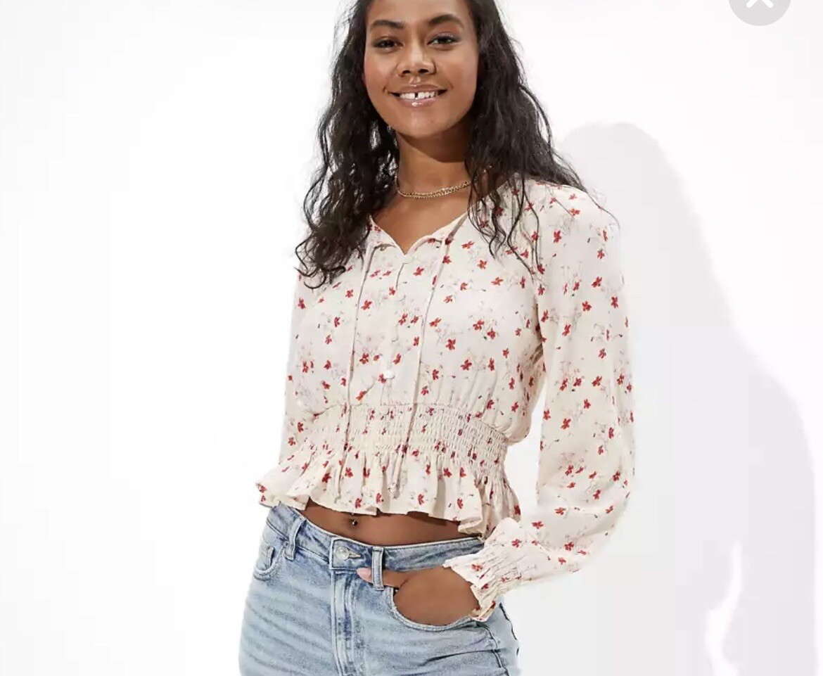 American Eagle AE Printed Button-Up Bubble Pink F… - image 1