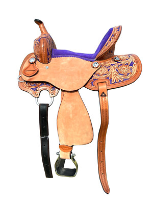 10'' 12'' 13'' 14'' Western Kids Horse Barrel Saddle For Riding Floral Tooled Purple