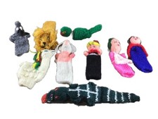 Handmade Lot of 9 Yarn Finger Puppets, Animals, People Lion Elephant Alligator