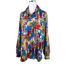 Vintage 90s Blouse Womens Large Purple Red Silky Bold Colorful Floral Button Up