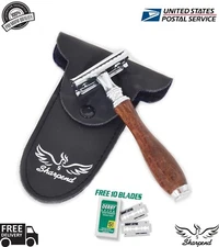 DARK WOOD COLOR  Safety Razor Double Edge Razors 10 Free Blades Pouch travel kit