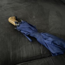 Vintage Wooden Duck Head Handle Grip Blue Umbrella w/Strap Push Button Auto Open