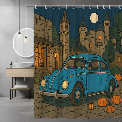 Halloween Blue Car Castle Shower Curtain, Pumpkin Moon Night Scene