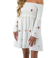 Free People Sz M Womens Ivory Embroidered W/Pockets Babydoll Boho Coquette Dress