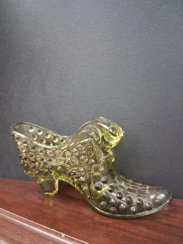 Vintage Fenton Art Glass Olive Green Hobnail Cat Head Shoe Slipper Heel Boot