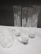 Etched Floral Bud Vases Set of 3 Decorative Art Deco Cylinder Shape And Pitcher