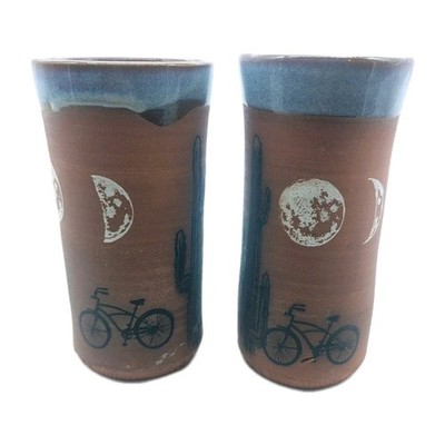 Two (2) Art Pottery Redware Tumblers Cactus Bike Moons Blue Glaze Interior ''SS''