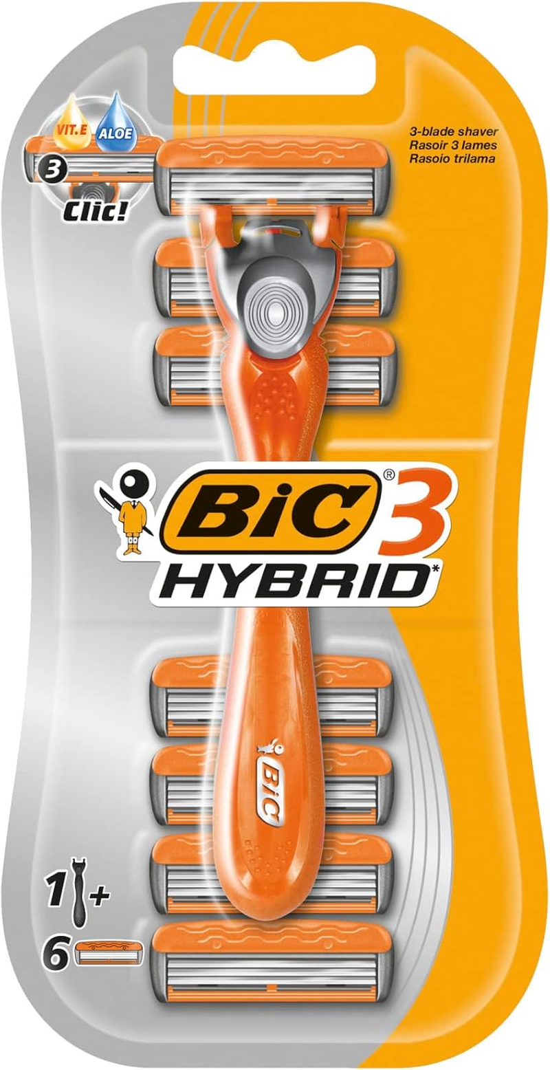 BIC 3 Hybrid Men’s Razor 1 Handle 6 Refills Triple Blade Shaver Easy Grip