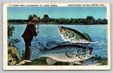 Lewes DE Fishing Postcard Humorous Exaggerated Fish - Freak Fish Series c1920s