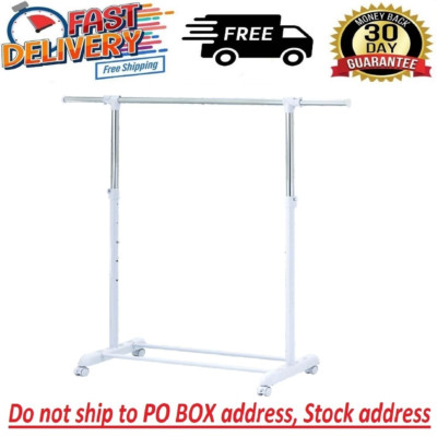 Heavy Clothes Hanger Adjustable Height  Rolling Garment Rack Metal Chrome White
