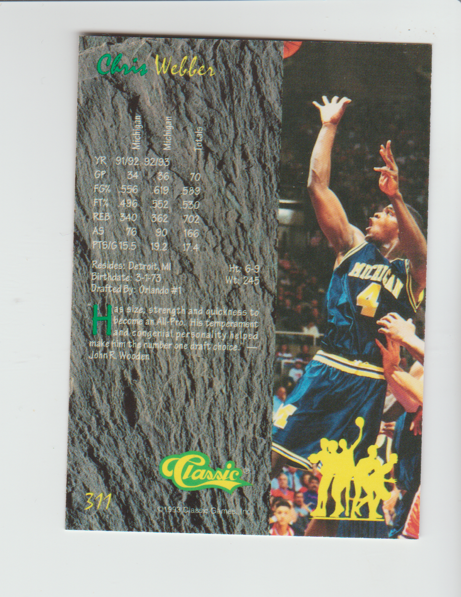1993 Classic Four Sport #311 Chris Webber rookie card, Michigan