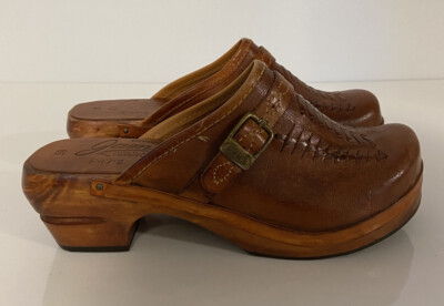 Sabots Dolcis Vintage Années 70 - Mules En Bois Et Cuir Marron - Taille 7M Femme - Italie - Occasion Propre