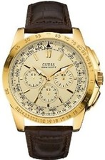 NEW GUESS GOLD TONE,BROWN CROC EMBOSSED LEATHER BAND,CHRONO WATCH-U14503G1