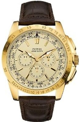 NEW GUESS GOLD TONE,BROWN CROC EMBOSSED LEATHER BAND,CHRONO WATCH-U14503G1